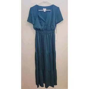 Nicole Miller Smocked Tiered Dress Green Satin Womens XS Cocktail Wedding Maxi